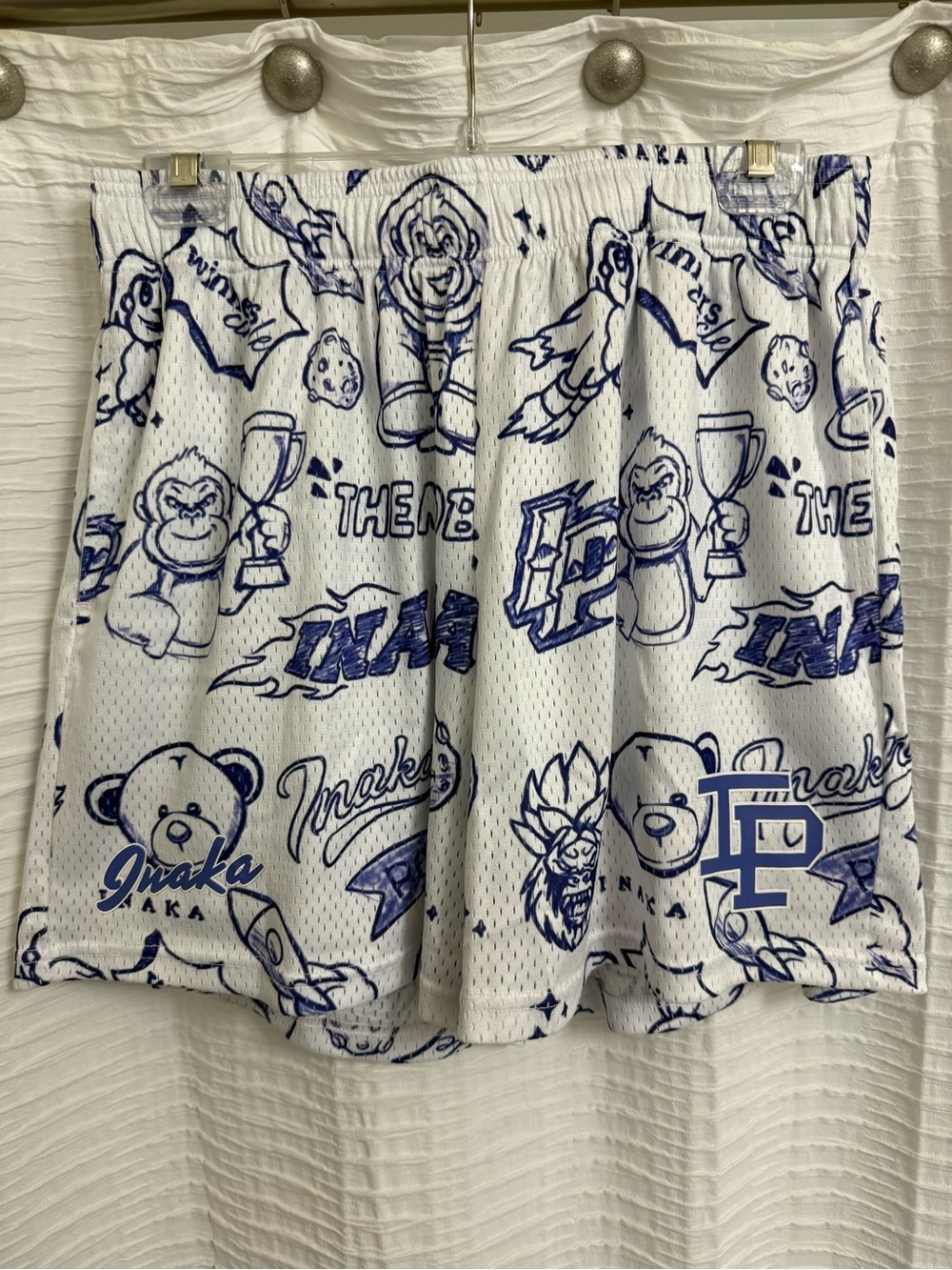 Inaka Power White & Navy Graphic Mesh Shorts with Bear and Trophy Print